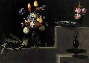 HAMEN, Juan van der, Still Life with Flowers, Artichokes, Cherries and Glassware